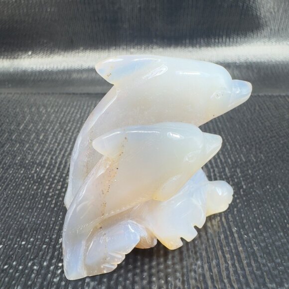 Vintage Had Carved Dolphins On Wave Small Figurine Blue Gray Opalescent Finish - Picture 7 of 9